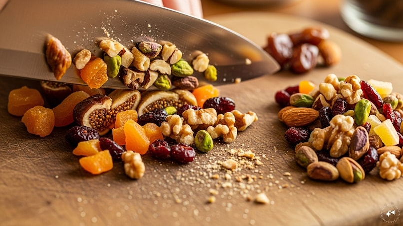Firstly, chop the dry fruits and nuts into small pieces. Firstly, chop the dry fruits and nuts into small pieces.