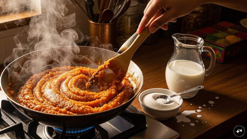 Incorporate sugar and milk and stir till the halwa thickens. Incorporate sugar and milk and stir till the halwa thickens.