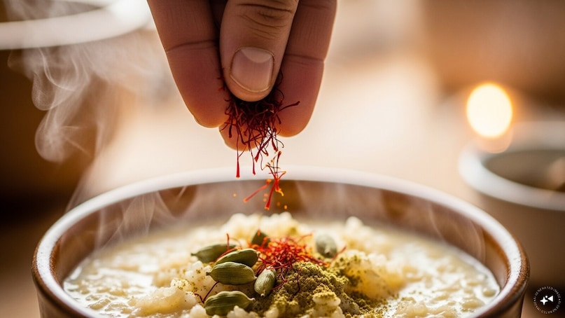 Now, mix in cardamom powder and saffron. Now, mix in cardamom powder and saffron.