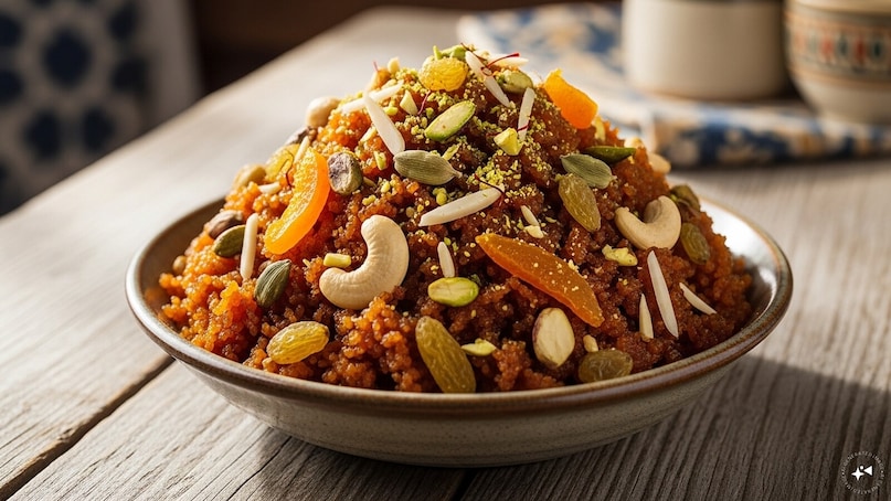 Transfer the halwa into a bowl and garnish with more nuts and dry fruits. Transfer the halwa into a bowl and garnish with more nuts and dry fruits.