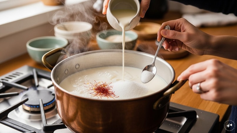 Take a deep bottom vessel and add milk. Boil it over medium flame and add fresh cream and sugar to it along with some saffron. 