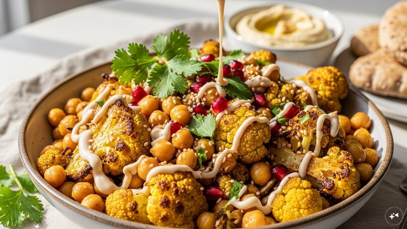 Roasted Turmeric Cauliflower Bowls: Combining anti-inflammatory turmeric with fiber-rich cauliflower and chickpeas, this bowl supports gut health and mood stability. The healthy fats from a tahini dressing ensure nutrient a