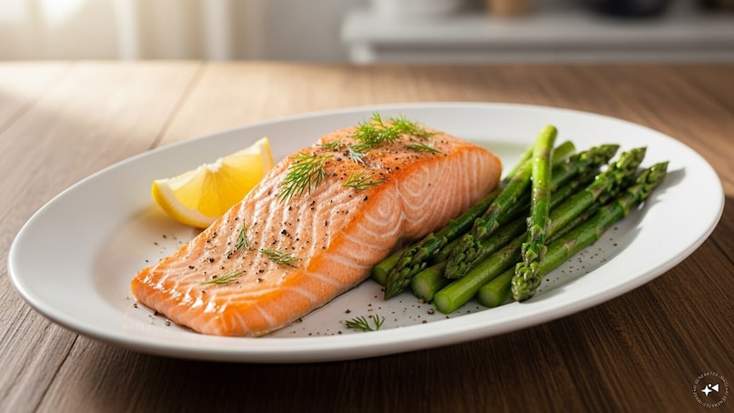 3. Wild Salmon with Asparagus: Rich in omega-3 fatty acids, salmon is essential for brain health and reducing anxiety. Paired with lightly sautéed asparagus, this high-protein dish provides folic acid to regulate neurotransmitters. It’s a simple, elegant meal designed to nourish both mind and body.