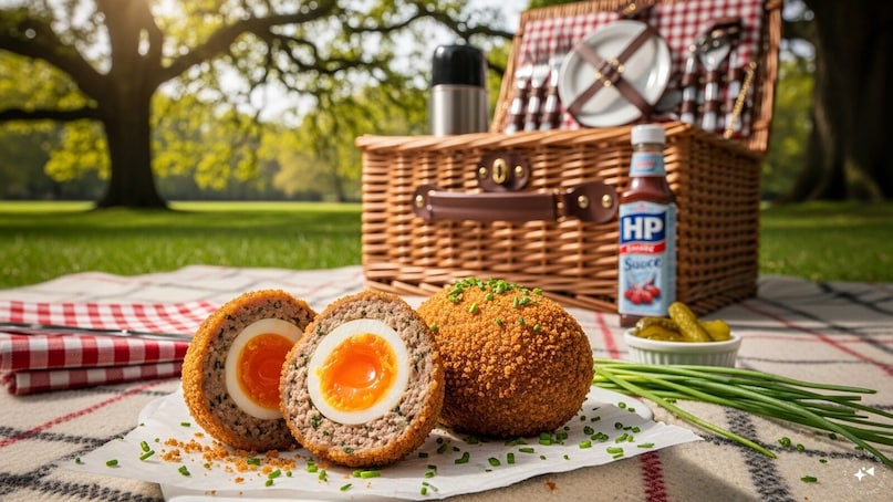 Scotch Eggs (United Kingdom): Scotch eggs are hard-boiled eggs wrapped in seasoned sausage meat, coated in breadcrumbs, and deep-fried until golden. Crispy outside and savory inside, they are popular picnic snacks in the UK and are often served cold or warm.