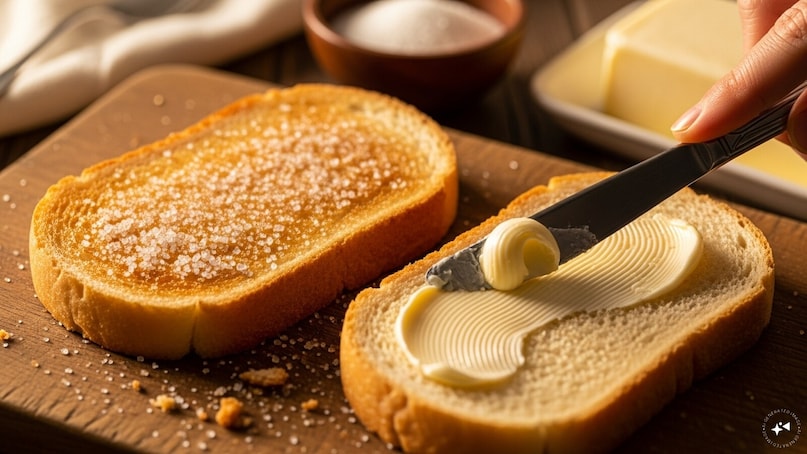 Spread butter on the bread slices and sprinkle with sugar. Toast them until they turn golden brown and develop a light, crisp texture.
