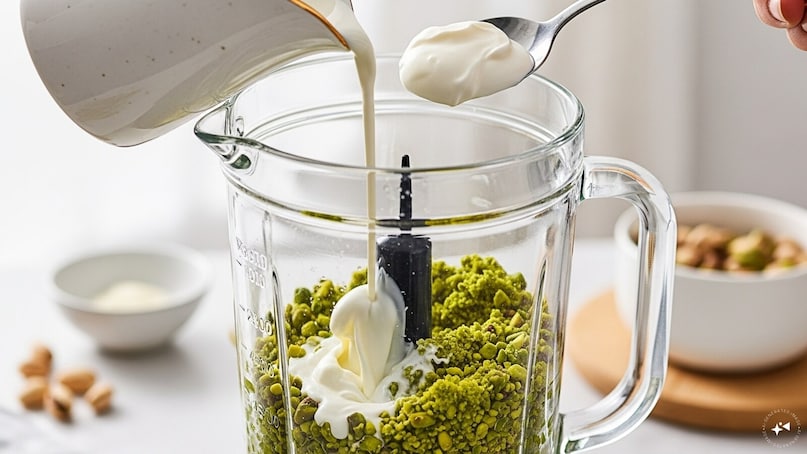 Grind blanched pistachios with a splash of milk and a bit of cream until you get a smooth, creamy paste.