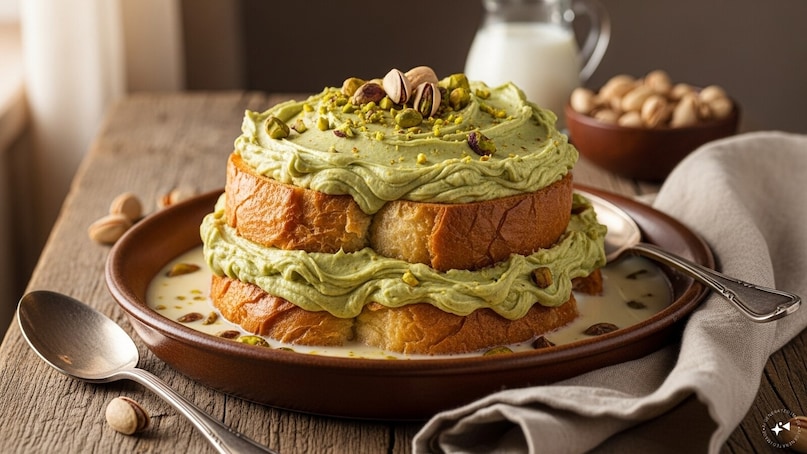 Soak the toasted bread in the warm milk mixture and place a layer in a dish. Spread a portion of pistachio cream over it and repeat to create 2–3 layered stacks.