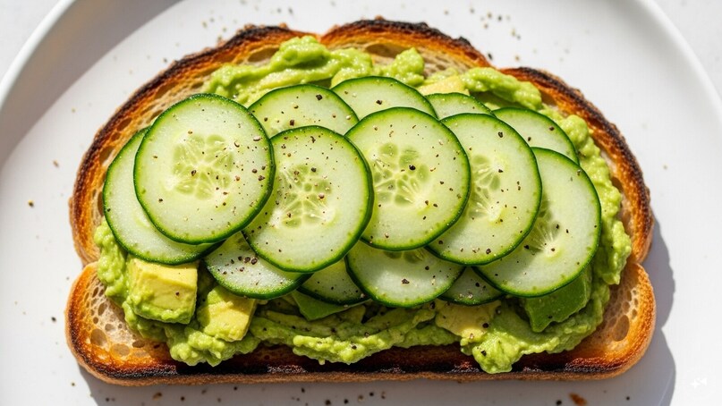 Cucumber Avocado Toast: Spread mashed avocado on toasted bread and top with thin cucumber slices, lemon juice, and black pepper. The cucumbers add refreshing crunch and moisture, balancing the creamy avocado for a simple breakfast that’s both hydrating and energizing.
