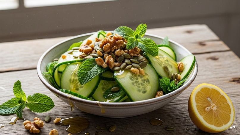 Cucumber Mint Breakfast Salad: Combine cucumber slices with fresh mint, lemon juice, and a drizzle of honey. Add nuts or seeds for crunch. This simple salad wakes up your palate with bright flavors while keeping you hydrated and energized.