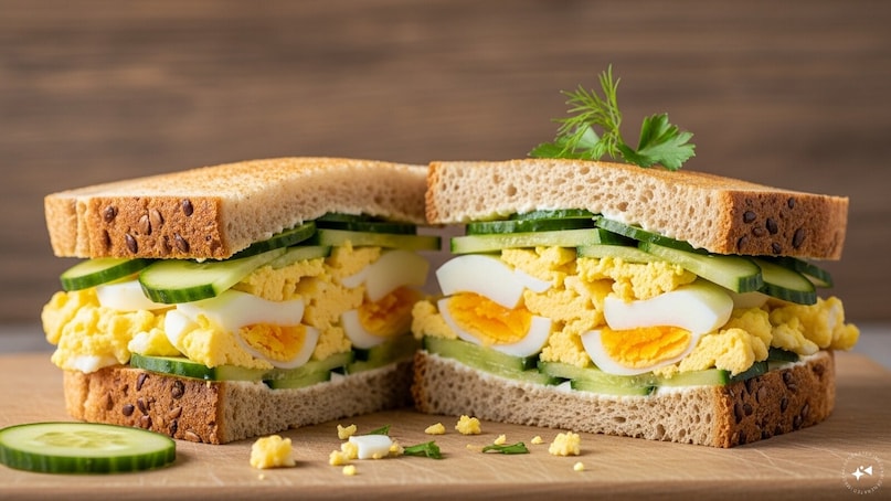 Cucumber Egg Sandwich: Layer sliced cucumbers and scrambled or boiled eggs in whole-grain bread with a light spread of cream cheese. The cucumber adds a refreshing crunch that balances the richness of eggs, creating a wholesome and satisfying breakfast sandwich.