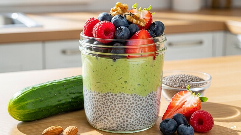 Cucumber Chia Pudding: Blend cucumber with almond milk and mix with chia seeds. Let it soak overnight until thick and pudding-like. In the morning, top with berries or nuts for a cool, hydrating breakfast packed with fiber and nutrients.