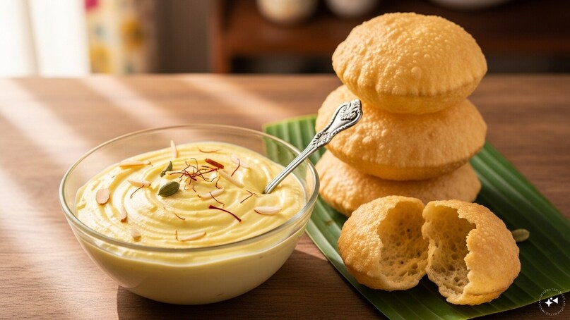 Shrikhand: This velvety dessert is crafted from hung curd, blended with sugar, and infused with saffron and cardamom. Its creamy texture and cooling nature make it a beloved staple, often paired with hot, fluffy puris for a delightful contrast in every bite.