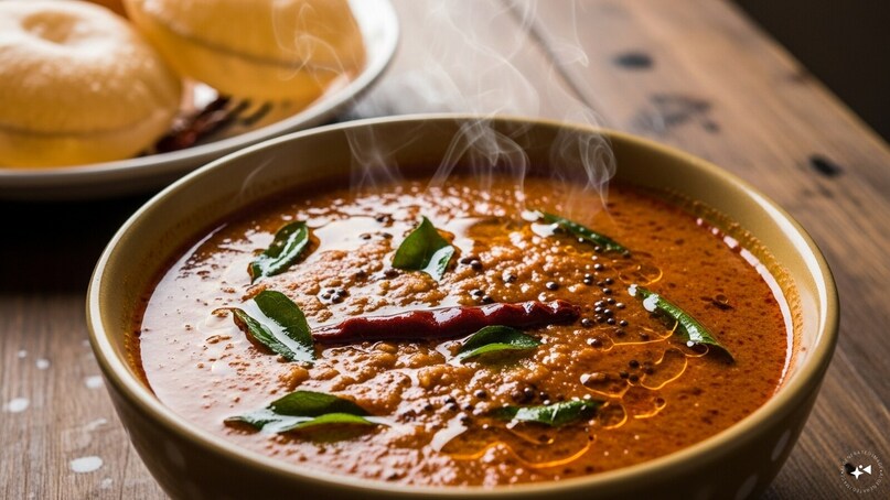 Katachi Amti: A thin, spicy, and tangy lentil curry, Katachi Amti is ingeniously made from the leftover water used to boil the chana dal for Puran Poli. Tempered with mustard seeds and curry leaves, it provides a savory balance to the sweet meal.