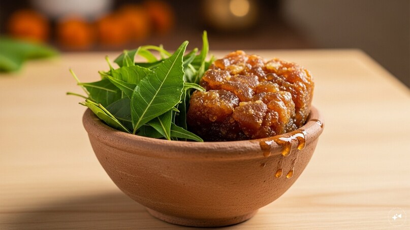 Neem & Jaggery Prasad: A ritualistic necessity, this mixture is the first thing consumed on Gudi Padwa. The bitter neem leaves and sweet jaggery represent the inevitable mix of joy and sorrow in the coming year, serving as a reminder to embrace life's duality.