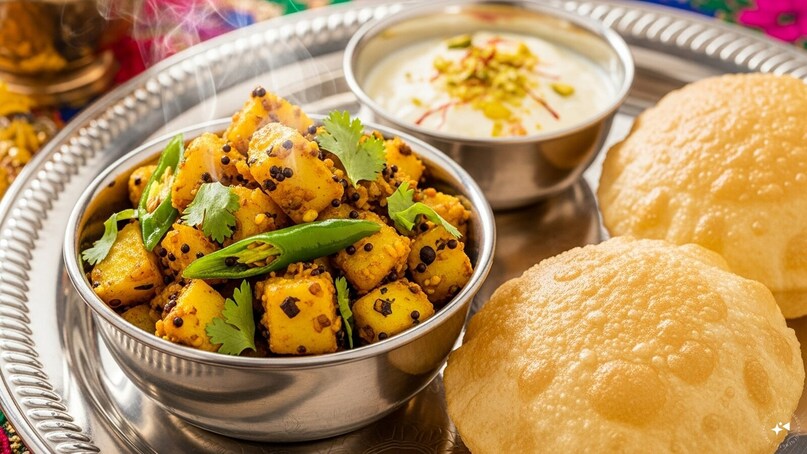 Batata Bhaji: This simple yet flavorful yellow potato stir-fry is a festive essential. Cooked with green chilies, turmeric, and mustard seeds, it is the classic accompaniment for puris and Shrikhand, adding a comforting, savory element to the traditional Marathi celebratory thali.