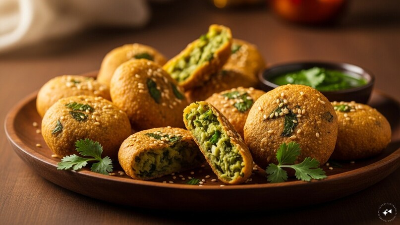 Kothimbir Vadi: These savory, steamed-then-fried cakes are made from a thick batter of gram flour and fresh coriander leaves. Crisp on the outside and soft inside, they are seasoned with sesame seeds and spices, offering a satisfying crunch to the festive spread.
