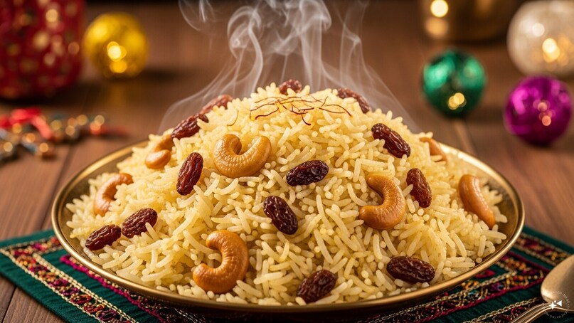 Sakhar Bhaat: Sakhar Bhaat is a fragrant, sweet rice dish prepared with long-grain Basmati, sugar, and a touch of saffron. Garnished with raisins and roasted cashews, this glistening golden rice is often served during the main course to celebrate the New Year.