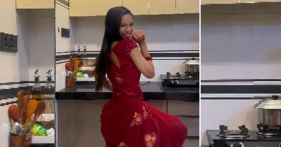 लाल साड़ी वाली मोहतरमा का शानदार अंदाज, किचन में लगाए जबरदस्त ठुमके!