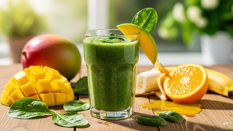 Mango Spinach Smoothie: Blend mango chunks, fresh spinach leaves, a banana, and a splash of orange juice. The sweetness of the mango balances the earthy spinach flavor, creating a nutrient-packed, green smoothie that’s both refreshing and energizing for summer mornings. Mango Spinach Smoothie: Blend mango chunks, fresh spinach leaves, a banana, and a splash of orange juice. The sweetness of the mango balances the earthy spinach flavor, creating a nutrient-packed, green smoothie that’s both refreshing and energizing for summer mornings.