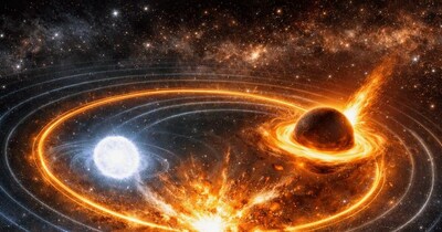 अंडाकार कक्षा में घूमते हुए आपस में भिड़ गए दो विशाल पिंड! (AI की मदद से बनाई फोटो)