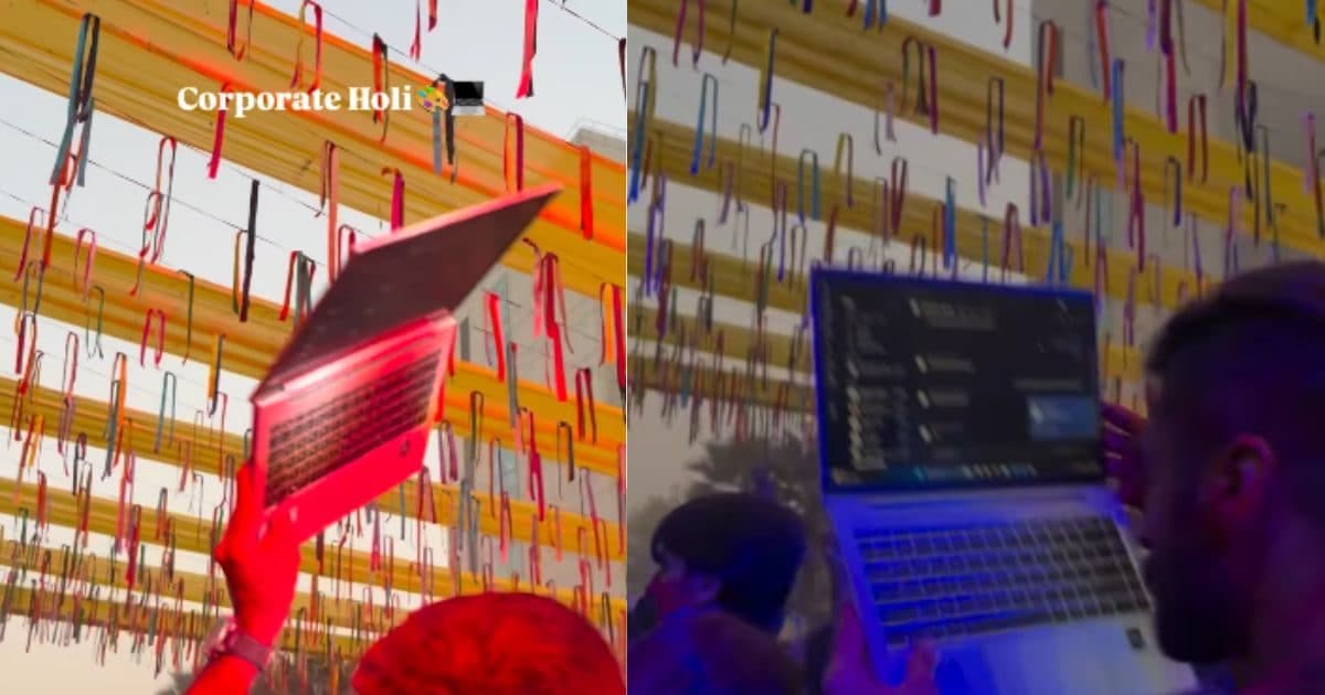 कॉरपोरेट ऑफिस में दिखा होली का रंग, लैपटॉप हाथ में लेकर नाचे कर्मचारी, वीडियो हुआ वायरल!