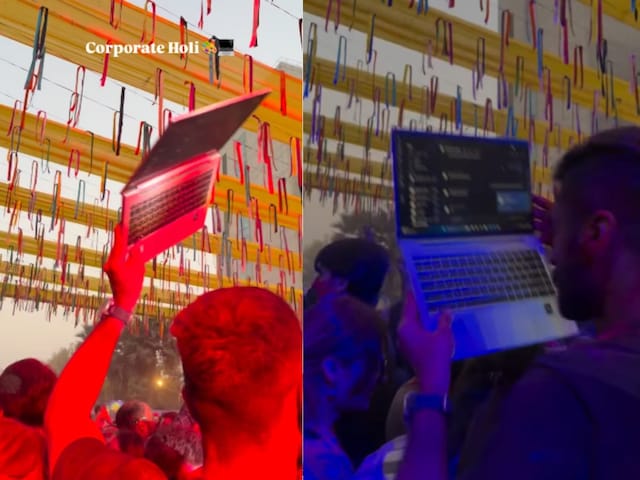 कॉरपोरेट ऑफिस में दिखा होली का रंग, लैपटॉप हाथ में लेकर नाचे कर्मचारी...