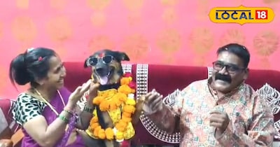 श्वान शेरू का जन्मदिन मनाते परिवार 