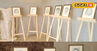 राजस्थान इंटरनेशनल सेंटर के एग्जिबिशन में सजे पेंसिल पोर्ट्रेट स्केच। 