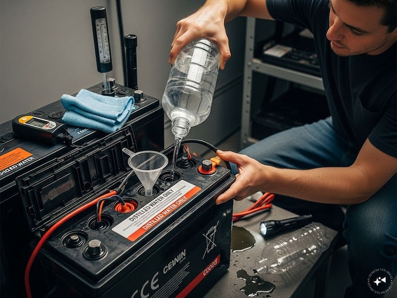 কেন শুধুমাত্র পাতিত জল ভাল? বৈদ্যুতিন সংকেতের মেরু বদল ব্যাটারি হল সীসা-অ্যাসিড, যাতে সালফিউরিক অ্যাসিড এবং জলের মিশ্রণ থাকে। এই মিশ্রণ রাসায়নিক বিক্রিয়ায় বিদ্যুৎ উৎপাদন করে। আপনি যদি কলের জল ঢালেন তবে এতে ক্যালসিয়াম, ম্যাগনেসিয়াম, ক্লোরিন এর মতো জিনিস থাকে। এগুলি ব্যাটারির প্লেটে জমা হয়, প্লেটগুলি নষ্ট হয়ে যায়, ব্যাটারির চার্জিং দুর্বল হয়ে যায় এবং ব্যাকআপ দ্রুত শেষ হতে শুরু করে।