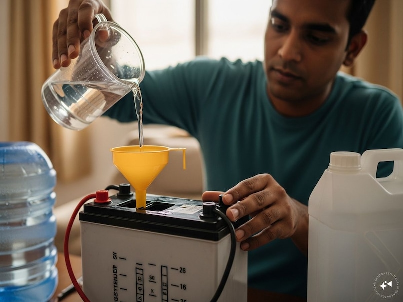 কখন এবং কিভাবে জল দিতে হবে? প্রতি 2-3 মাস পর পর পরীক্ষা করুন। ব্যাটারিতে সর্বনিম্ন এবং সর্বোচ্চ লাইন রয়েছে (বা সবুজ-লাল চিহ্ন)। জলের স্তর ন্যূনতম নীচে হলে জল যোগ করা উচিত। বৈদ্যুতিন সংকেতের মেরু বদল বন্ধ করুন, প্লাগটি সরান, ক্যাপ খুলুন (সহজে ঢালার জন্য একটি ফানেল ব্যবহার করুন), ধীরে ধীরে পাতিত জল ঢালুন, সবুজ চিহ্ন পর্যন্ত বা সর্বাধিকের সামান্য নীচে। খুব বেশি ঢালবেন না, অন্যথায় এটি উপচে পড়তে পারে। তারপর ক্যাপটি সঠিকভাবে বন্ধ করুন।