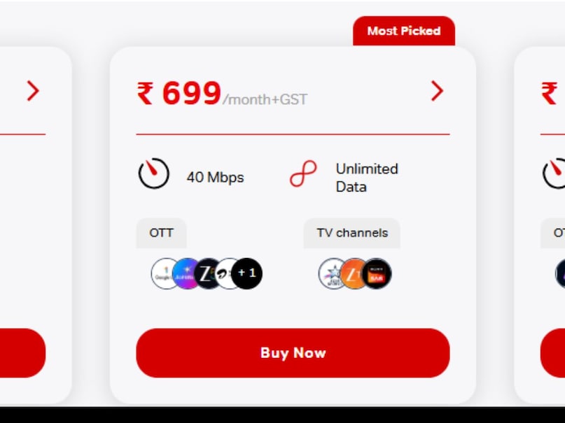 ₹699 প্ল্যান: 40 Mbps (কিছু জায়গায় 100 Mbps পর্যন্ত), আনলিমিটেড ডেটা + Disney+ Hotstar, Zee5, Google One (100GB ক্লাউড), 350+ টিভি চ্যানেল। স্মার্ট টিভিতে ভালো স্ট্রিমিং পাওয়া যায়, পরিবারের জন্য ভালো।