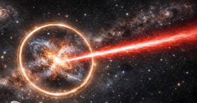 स्पेस-टाइम के जाल में फंसा 8 अरब साल पुराना 'स्पेस लेजर'. (एआई की मदद से बनाया सांकेतिक फोटो)