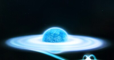 इस आर्टिस्ट इम्प्रेशन में विशाल तारे गामा कैसियोपिया और उसके छोटे, लेकिन सघन व्हाइट ड्वार्फ को दिखाया गया है. (Image Credit: ESA / Y. Nazé)