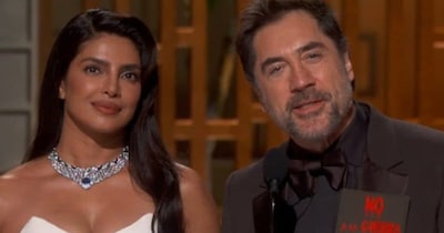 प्रियंका चोपड़ा स्पेनिश एक्टर जेवियर बार्डेम के साथ. (फोटो साभार: एक्स @theacademy)