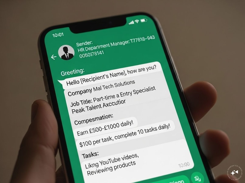 কিভাবে এই ভুয়া বার্তা সনাক্ত করতে? অজানা নম্বর থেকে আসে (প্রায়শই বিদেশী নম্বর যেমন +1, +234 বা +63), আবেদন না করে চাকরির অফার, ইন্টারভিউ ছাড়াই, ইউটিউব ভিডিও লাইক/সাবস্ক্রাইব, গুগল রিভিউ, কার্টে পণ্য যোগ, জরিপ, খুব ভাল বেতনের প্রতিশ্রুতি - মাত্র 2-3 ঘন্টার মধ্যে প্রতিদিন 500-2000 টাকা, দ্রুত প্রতিক্রিয়া চাওয়া, 'বুক স্লটে' বা ব্যক্তিগত ব্যাঙ্কে বিশদ বিবরণ দেওয়ার জন্য কখনো কখনো 'বুক স্লটে' বা ব্যক্তিগত ব্যাঙ্কে ক্লিক করতে বলা হয়। লিঙ্ক