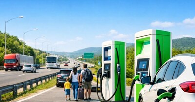 नेशनल हाईवे पर इलेक्ट्रिक गाड़ियों (EV) के लिए बन रहे फास्ट चार्जिंग स्टेशनों से लंबी दूरी के सफर की रेंज एंग्जायटी खत्म होगी. (Image:AI)