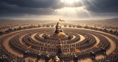 जयद्रथ को बचाने के लिए द्रोणाचार्य ने 80 किलोमीटर लंबा और 33 किलोमीटर चौड़ा चक्रशकटव्यूह बनाया था. (Photo: AI)