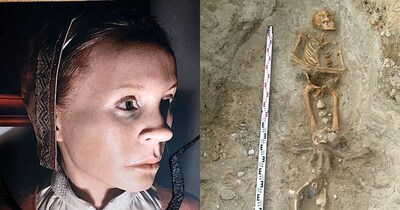 बाईं तरफ वैम्पायर जोसिया की रिक्रिएट तस्वीर, दाईं तरफ कंकाल. 