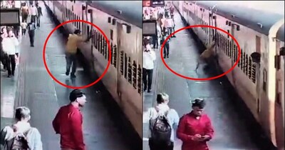 सूरत स्टेशन पर चलती ट्रेन और प्लेटफॉर्म के बीच फंसा शख्स, रेलवे जवानों ने बचाई जान.
