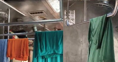 ट्रेन में कपड़े सुखाते यात्री(फोटो:X-@Nalanda_index)