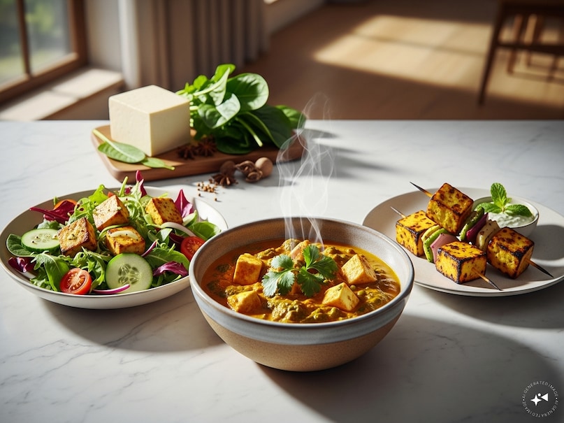 शाकाहारी लोगों के लिए पनीर बेहतरीन विकल्प है. इसमें प्रोटीन अच्छी मात्रा में होता है और यह लंबे समय तक पेट भरा रखने में मदद करता है. पनीर को सलाद, सब्जी या स्नैक के रूप में खाया जा सकता है.