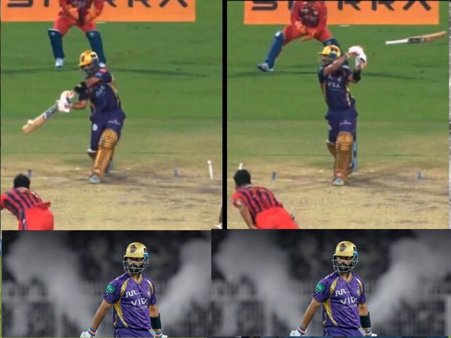 The bat is in the air and the ball crosses the boundary, that 'strange' six of KKR captain Rahane.