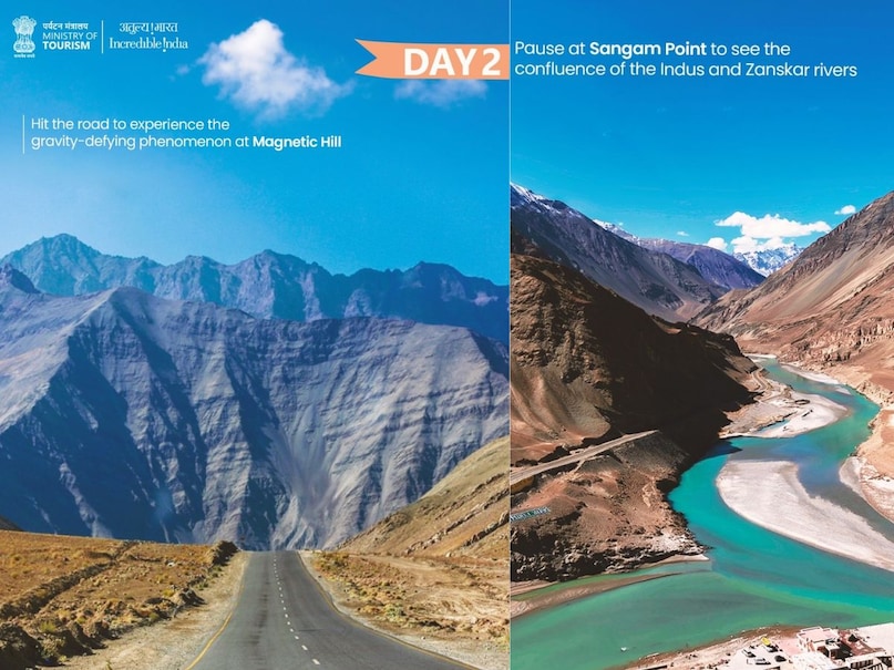 दूसरे दिन रोड ट्रिप का असली मजा शुरू होता है. सबसे पहले मैग्नेटिक हिल जाएं, जहां गाड़ी बिना इंजन के भी ऊपर की तरफ जाती हुई महसूस होती है. यह जगह टूरिस्ट्स के लिए काफी रोमांचक मानी जाती है. इसके बाद संगम पॉइंट पहुंचें, जहां सिंधु और जांस्कर नदियों का खूबसूरत संगम दिखाई देता है. अलग-अलग रंग के पानी का मिलना यहां का सबसे बड़ा आकर्षण है. पहाड़ों और नदी के बीच का नजारा फोटोग्राफी के लिए भी शानदार माना जाता है.