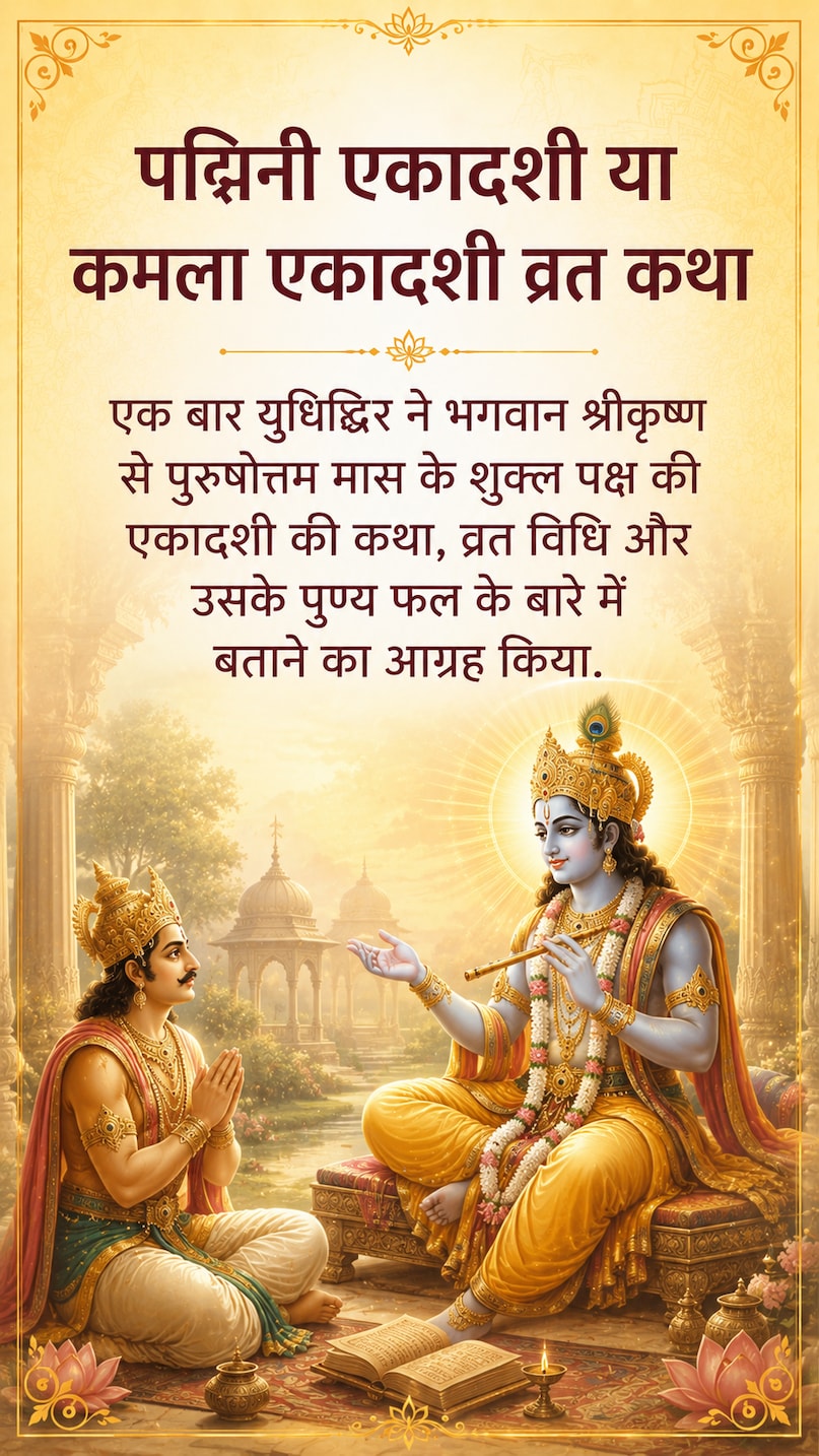 kamala ekadashi 2026, padmini ekadashi katha, kamla ekadashi vrat, purushottam maas ekadashi, ekadashi vrat katha, lakshmi vrat story, vishnu puja vidhi, Kamala Ekadashi 2026, Padmini Ekadashi Story, Ekadashi Vrat Vidhi, Vishnu Worship, Lakshmi Blessings, Moksha Katha, Hindu Festival, कमला एकादशी 2026, पद्मिनी एकादशी कथा, एकादशी व्रत विधि, पुरुषोत्तम मास, लक्ष्मी पूजा, विष्णु आराधना, धार्मिक कथा