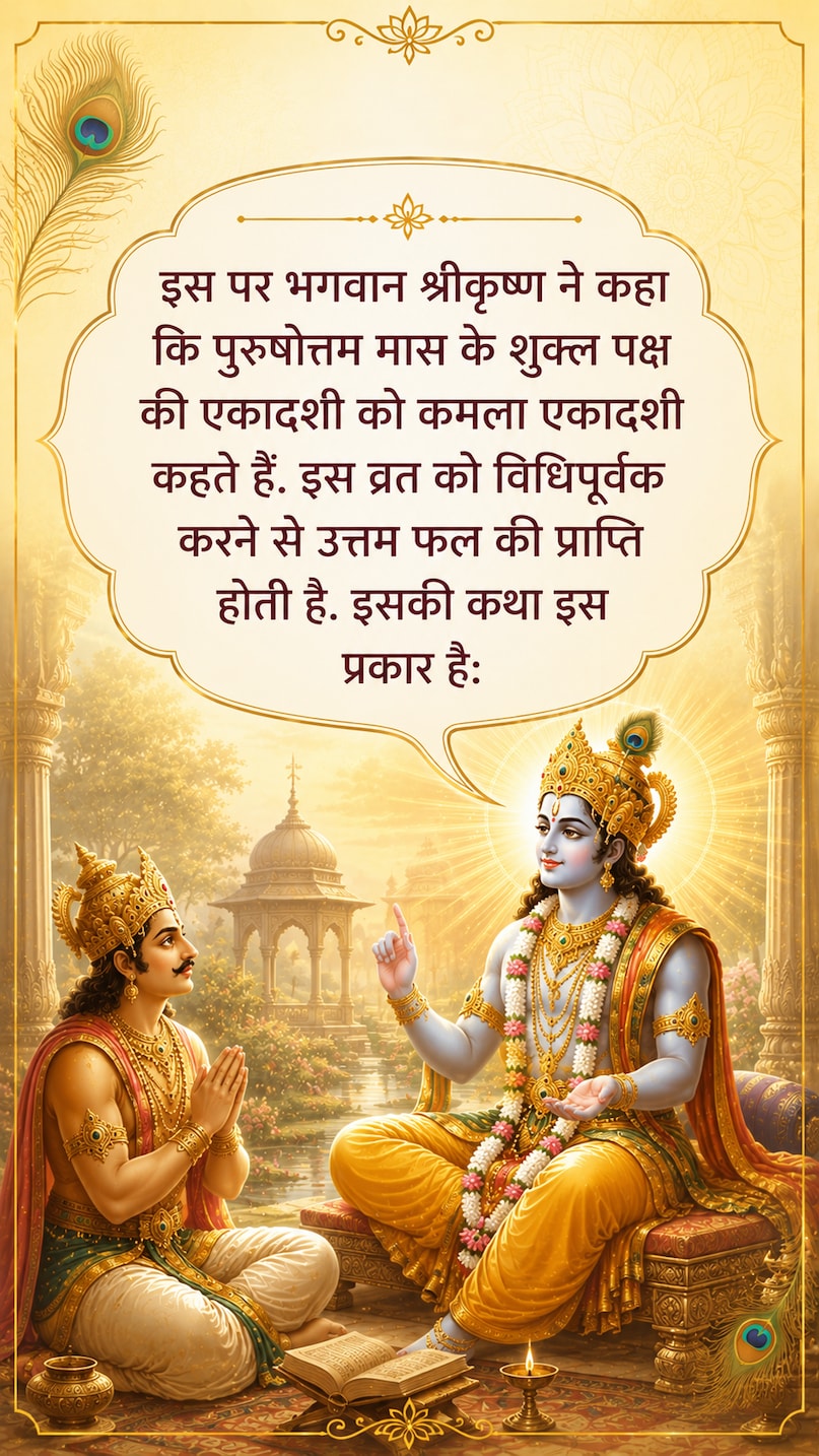 kamala ekadashi 2026, padmini ekadashi katha, kamla ekadashi vrat, purushottam maas ekadashi, ekadashi vrat katha, lakshmi vrat story, vishnu puja vidhi, Kamala Ekadashi 2026, Padmini Ekadashi Story, Ekadashi Vrat Vidhi, Vishnu Worship, Lakshmi Blessings, Moksha Katha, Hindu Festival, कमला एकादशी 2026, पद्मिनी एकादशी कथा, एकादशी व्रत विधि, पुरुषोत्तम मास, लक्ष्मी पूजा, विष्णु आराधना, धार्मिक कथा
