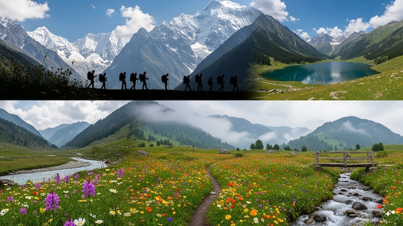 फूलों की घाटी: 'वैली ऑफ़ फ्लावर्स' जो कि एक UNESCO विश्व धरोहर स्थल है. प्रकृति प्रेमियों के लिए स्वर्ग से कम नहीं है. यहां रंग-बिरंगे फूलों और मनमोहक दृश्यों के बीच ट्रेकिंग करना एक बेहद शानदार अनुभव प्रदान करता है.