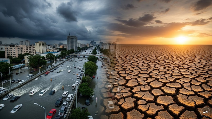 Unpredictable rainfall: Rainfall patterns have become erratic, as flash floods and droughts have disrupted agriculture and urban life across India. (AI image)