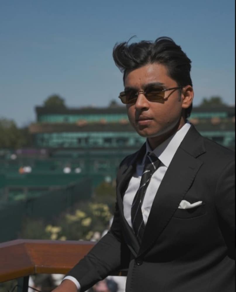 Vaibhav Sooryavanshi, Vaibhav Sooryavanshi black suit, Vaibhav Sooryavanshi black sunglasses, Vaibhav Sooryavanshi Wimbledon, Vaibhav Sooryavanshi Wimbledon photos, Vaibhav Sooryavanshi Wimbledon abhishek Sharma, Vaibhav Sooryavanshi tennis, Vaibhav Sooryavanshi attend Wimbledon final, Vaibhav Sooryavanshi, Vaibhav Sooryavanshi Wimbledon final, Vaibhav Sooryavanshi tennis 