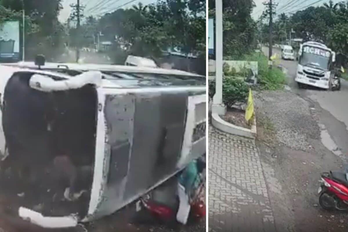 स्कूटी को बचाने के चक्कर में ड्राइवर ने घुमा दिया बस का हैंडल ऐसे अधर में अटकी 30 लोगों की जान