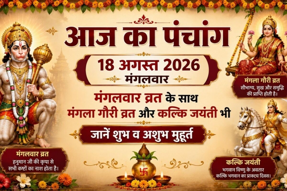 Aaj Ka Panchang (आज का पंचांग) 18 August 2026: मंगलवार व्रत के साथ आज मंगला गौरी व्रत और कल्कि जयंती भी शुभ योग में करें पूजन पंचांग से जानें शुभ व अशुभ मुहूर्त दिशाशूल राहुकाल चौघड़िया